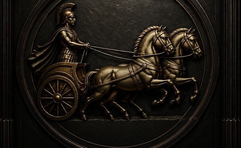 Medalhão em relevo com a biga: guerreiro conduzindo um carro puxado por dois cavalos