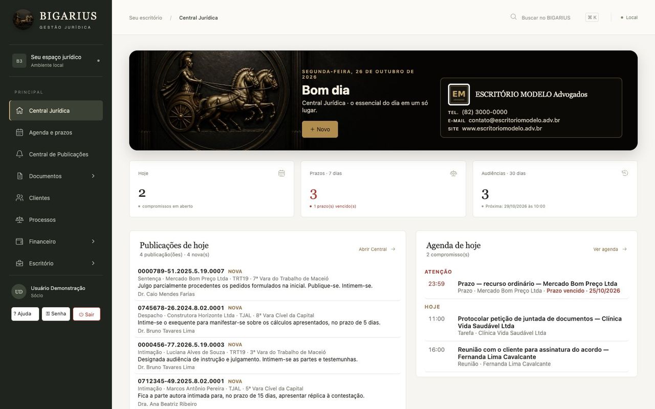 Tela da Central Jurídica com publicações e agenda do dia
